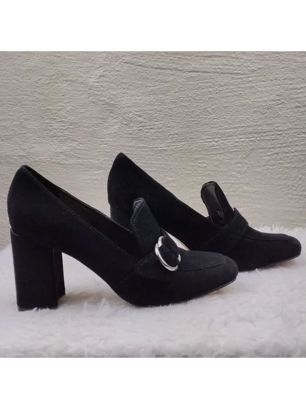 Marc Fisher Caila Black Suede Upper Round Toe Block High Heel Slip On Shoe